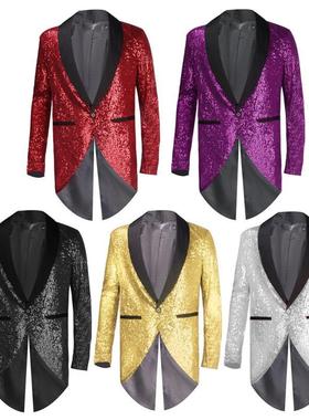 新款跨境时尚亮片西服外贸男士一粒扣红色西装燕尾服