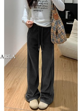 深灰色运动休闲裤女冬季加绒大码胖mm宽松显瘦梨形身材阔腿卫裤子