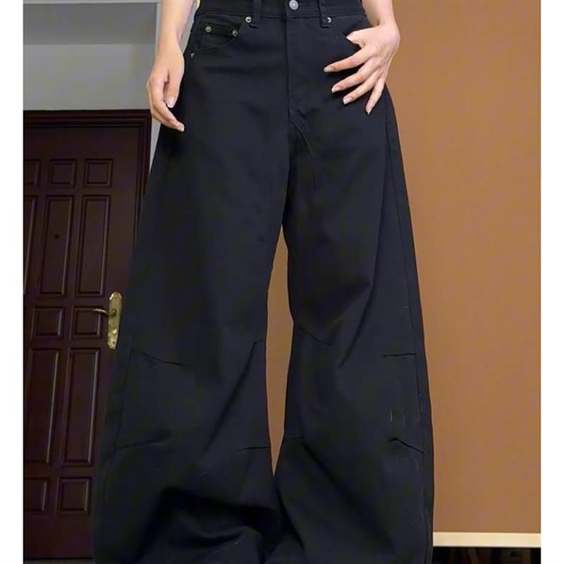 大码美式高街解构褶皱牛仔裤男女复古宽松廓形阔腿弯刀垂感拖地裤
