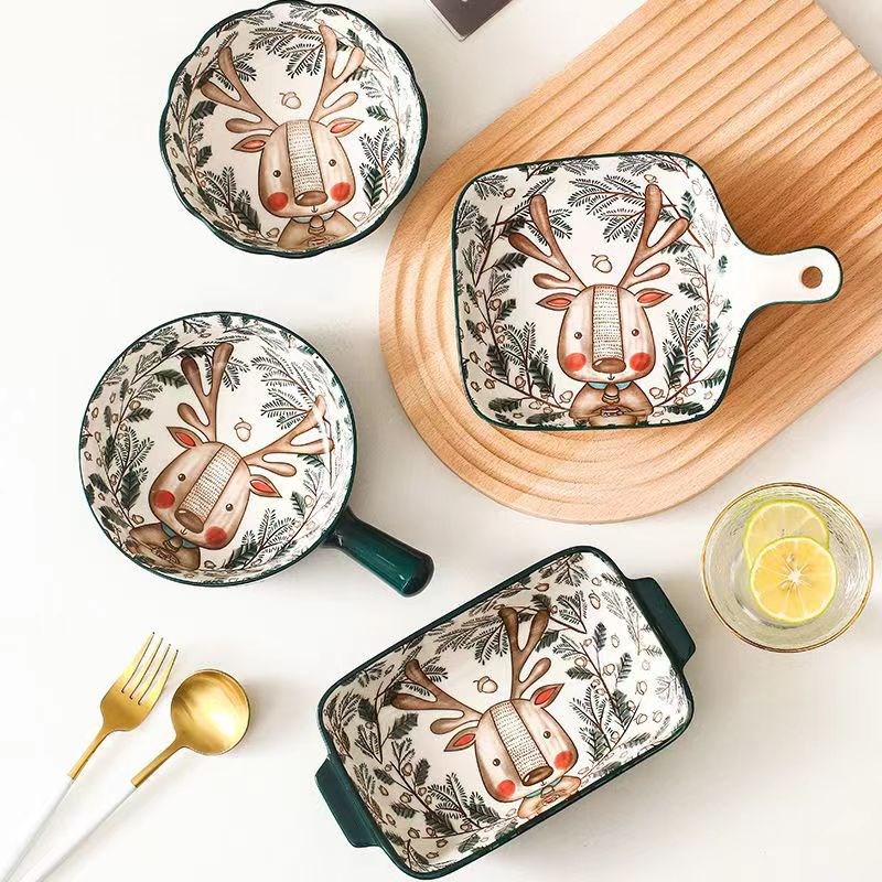 碗碟套装家用餐具可爱创意碗盘一人用卡通陶瓷碗带手柄烤箱碗蒸碗