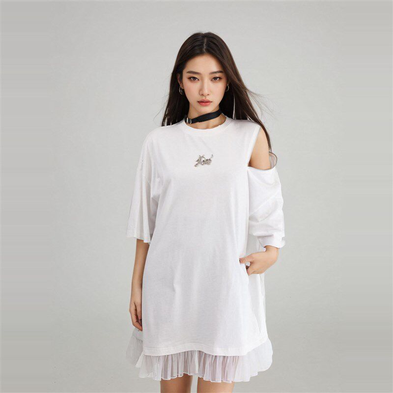 BW 直筒短袖裙休闲裙裙子T恤裙女露肩拉链2025夏季新款白色连衣裙