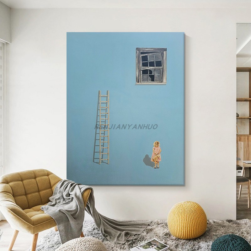 简约现代客厅卧室纯手绘油画蓝色系小女孩人物装饰画玄.关丙烯挂图片