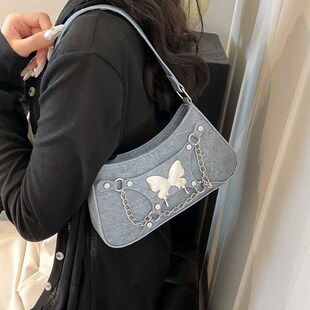 夏天精致质感小包包女2024新款牛仔风机车风链条铆钉腋下包单肩包