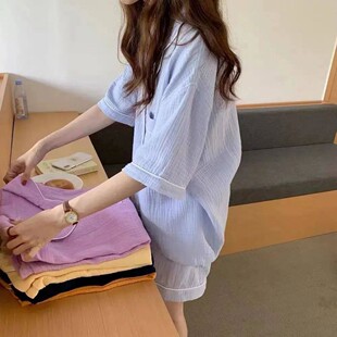 少女软糯棉麻料睡衣女夏天新款ins风纱布短袖短裤甜美家居服套装