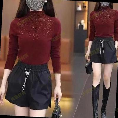 半高领长袖打底衫女秋冬2025新款枣红色上衣高级感烫钻修身打底衣