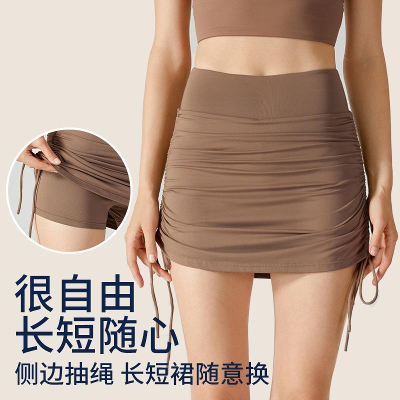 2024春夏假两件健身裙裤女弹力外穿瑜伽裤高腰提臀绑带紧身运动裤