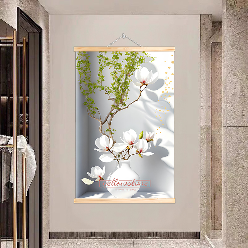 现代简约温馨植物花卉光影实木卷轴挂画花瓶玄关客厅入户门装饰画图片