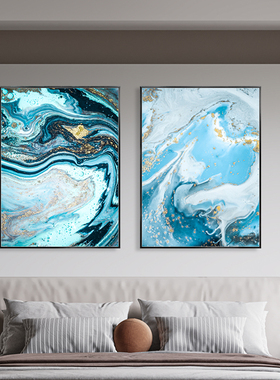现代轻奢金箔抽象客厅装饰画蓝色海浪走廊玄关大气入户大理石纹理