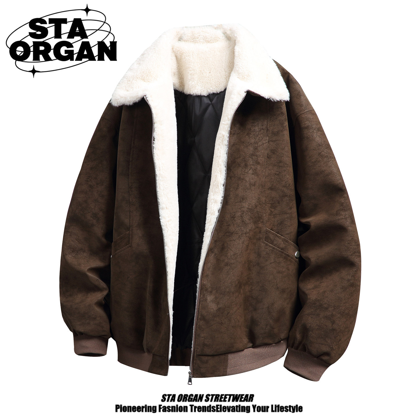 美式巴恩风羊羔绒PU皮加厚棉衣男