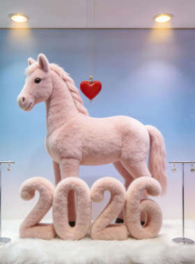 2026马年新年粉色毛绒小马摆件立体造型吉祥物装饰软奶系商场年会