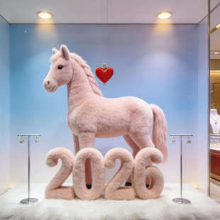2026马年新年粉色毛绒小马摆件立体造型吉祥物装饰软奶系商场年会