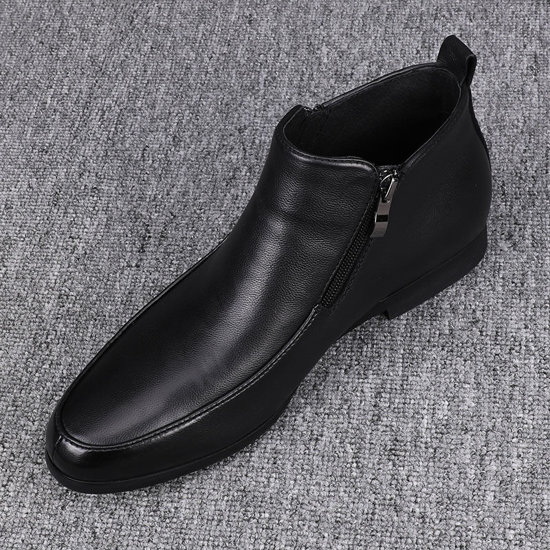 广州纯皮男鞋2025秋冬新款高帮加绒头层牛皮时尚侧拉链休闲皮鞋男