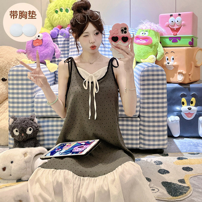 2025夏季新款吊带甜美风假两件睡裙  睡衣女 带胸垫不可拆卸