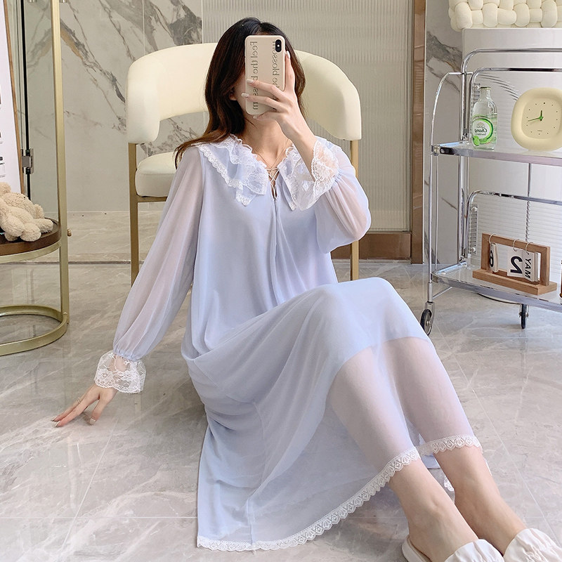 2025秋季新款网纱V领宫廷风长袖睡裙  睡衣女 带胸垫    不可拆卸,女士内衣/男士内衣/家居服,睡裙,淘宝优惠券,粉丝福利购,淘宝优惠卷