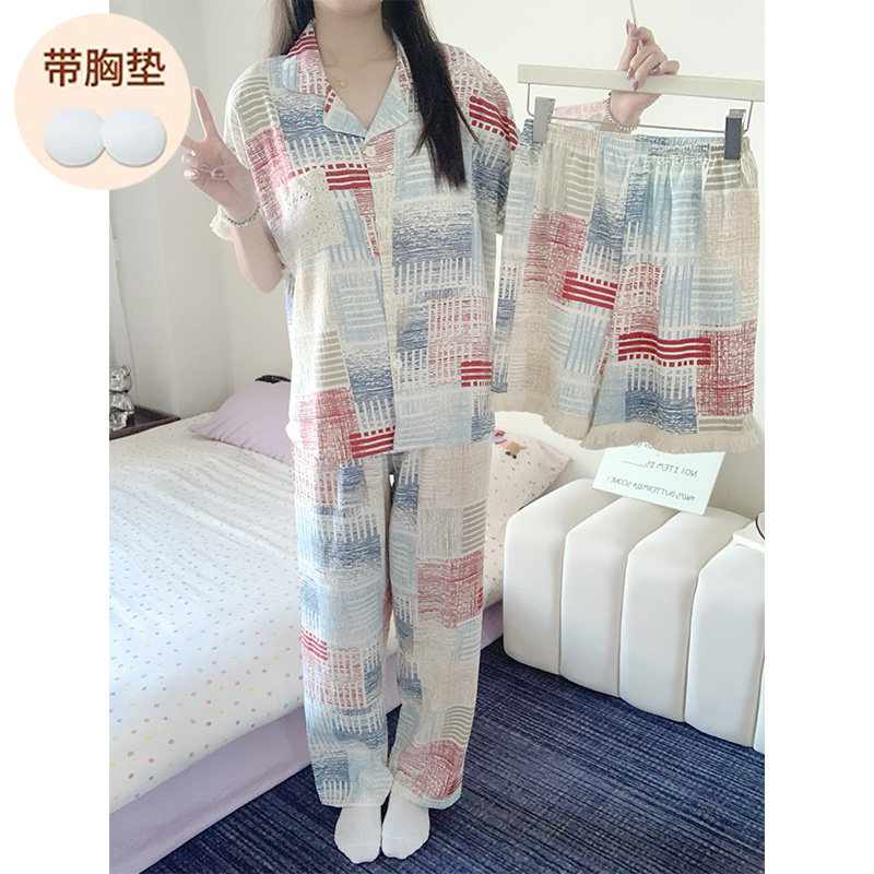2025夏季新款翻领短袖短裤长裤三件套 睡衣女 带胸垫不可拆卸,女士内衣/男士内衣/家居服,睡衣/家居服套装,淘宝优惠券,粉丝福利购,淘宝优惠卷