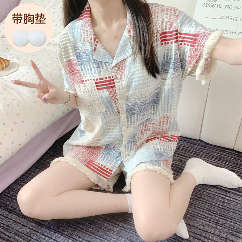 2025夏季新款翻领短袖短裤套装两件套 睡衣女 带胸垫不可拆卸,女士内衣/男士内衣/家居服,睡衣/家居服套装,淘宝优惠券,粉丝福利购,淘宝优惠卷