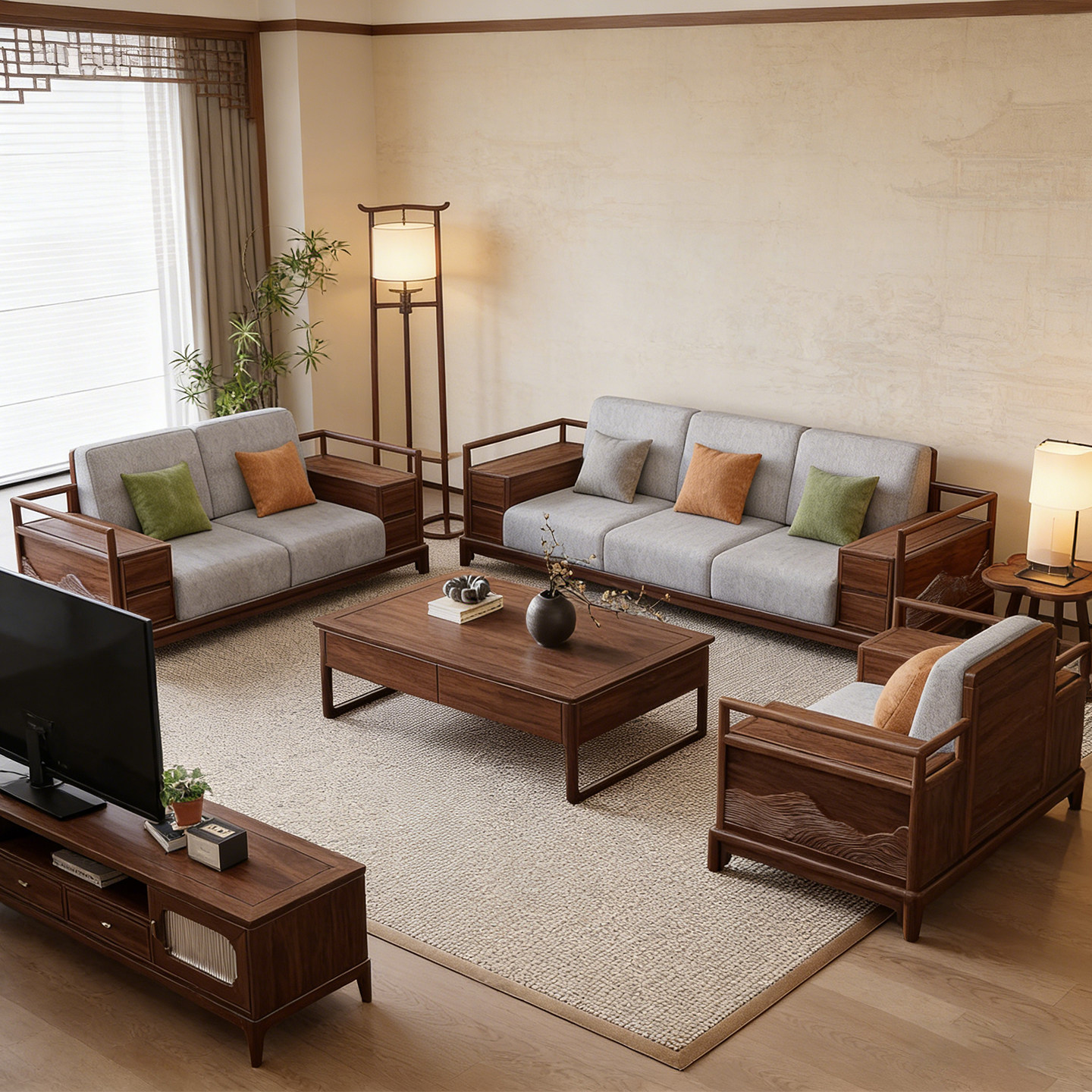 宋式美学黑胡桃木实木沙发客厅三人位现代简约高端储物组合沙发