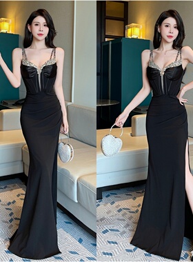 黑色晚礼服女高级感轻奢小众气质宴会走秀主持人车模鱼尾开叉长裙