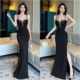 黑色晚礼服女高级感轻奢小众气质宴会走秀主持人车模鱼尾开叉长裙