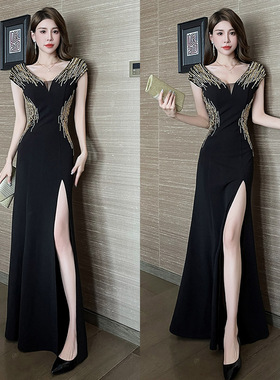 黑色重工气质晚礼服高级感主持人高定轻奢小众宴会绝美轻礼服开叉