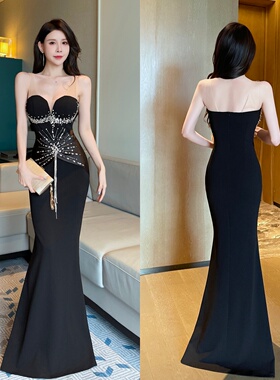 黑色高端轻奢晚礼服女新款宴会性感走秀气质主持人重工年会连衣裙