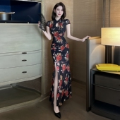 新中式 国风复古改良旗袍印花减龄款 显瘦k歌性感spa技师柔试工作服