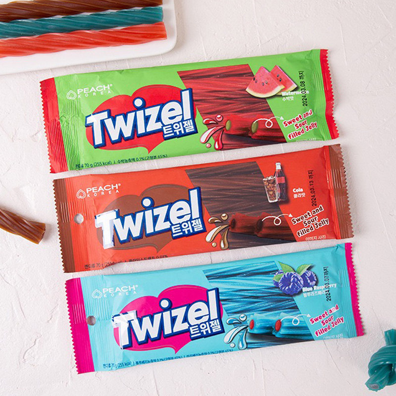 Twizel韩国进口YEM夹心螺旋长条软糖果西瓜可乐扭扭酸儿童零食品