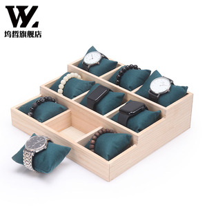 实木阶梯枕头盘手表手链玉镯展示盘丝绵枕头饰品柜台收纳看货架子
