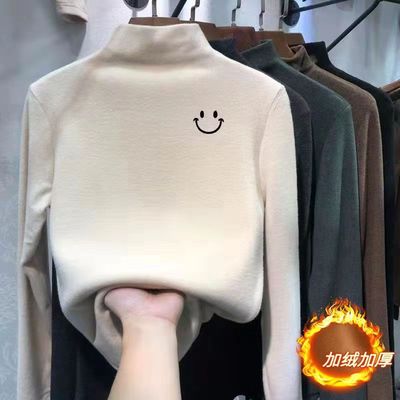 女童新款打底衫加绒加厚半高领冬季一体绒中大童印花长袖洋气上衣