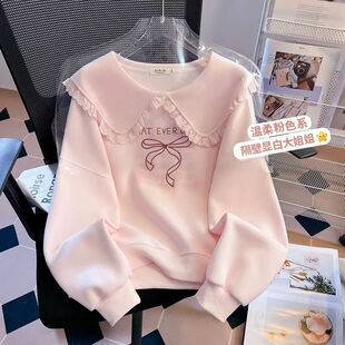 女童春季娃娃领刺绣字母蝴蝶结长袖卫衣女中大童甜美宽松显瘦上衣