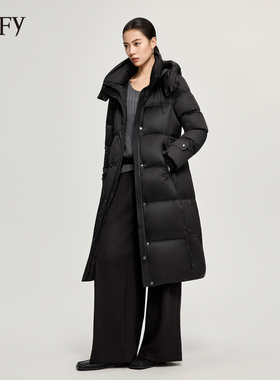 DeIFy/缔弗黑色长款收腰羽绒服女冬季新款立领90白鸭绒羽绒衣外套