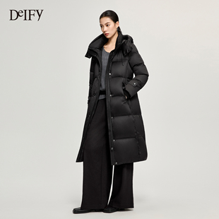 DeIFy/缔弗黑色长款收腰羽绒服女冬季新款立领90白鸭绒羽绒衣外套