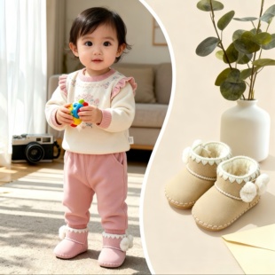 12个月婴儿加厚绒保暖学步棉鞋 1岁女宝宝不掉软底保暖雪地靴6