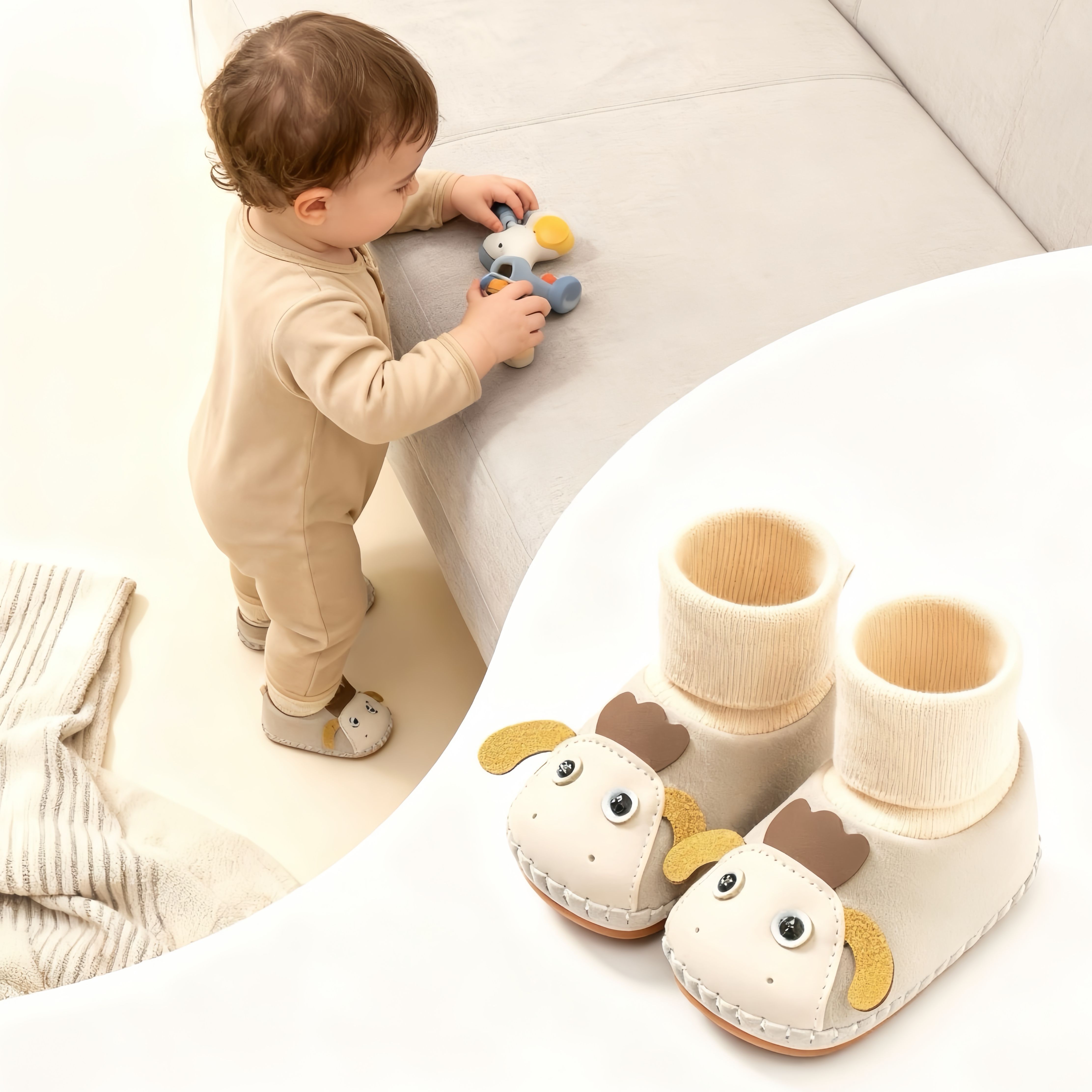 新生婴幼儿3-6-12个月小月龄宝宝秋冬季加绒加厚卡通防滑学步鞋袜