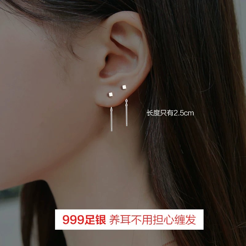 999纯银方块小耳线女睡觉免摘耳钉圆珠耳环小巧气质耳骨养耳洞