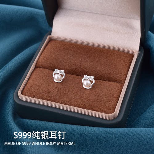 S999纯银珍珠米妮耳钉女甜美
