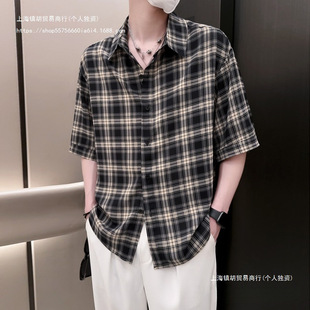 五分袖 夏季 痞帅上衣韩系潮流休闲薄款 垂感格子衬衫 衬衣 男短袖
