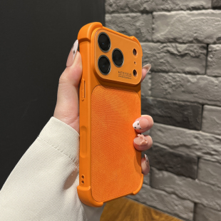 ins秒变17秋冬皮纹壳适用苹果17pro手机壳四角防摔牛仔布橙色iPhone17promax简约高级感16pro女款16防摔15套