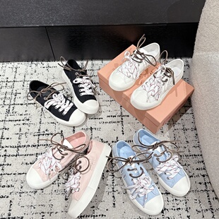 miu家2025新款双色鞋带帆布鞋女系带厚底小白鞋增高休闲饼干板鞋