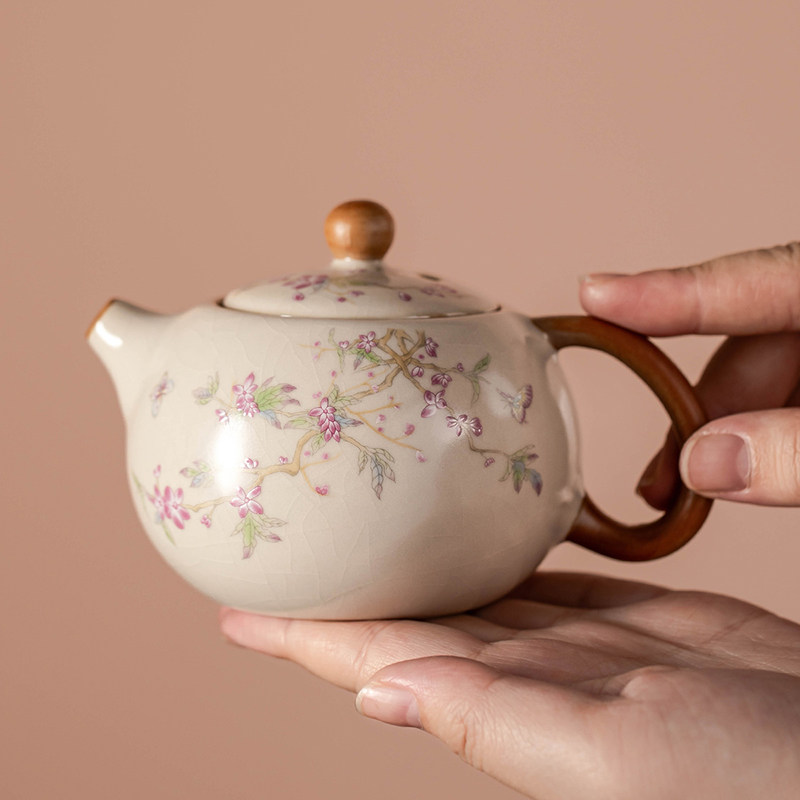 米黄汝窑西施茶壶单壶功夫茶具泡茶壶家用陶瓷小壶轻奢高档泡茶器