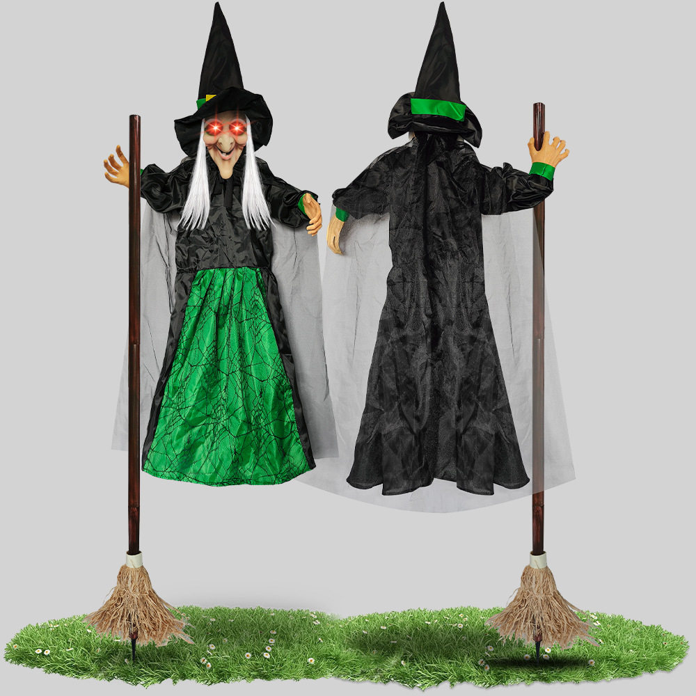 绿色扫把巫婆声控发光尖叫密室逃生飞天女巫万圣节日鬼屋布景道具