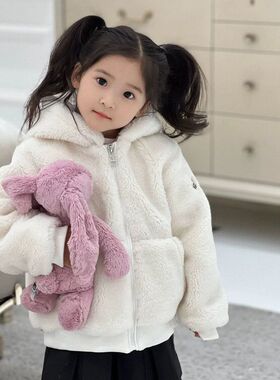冬季新款潮牌童装mc白色毛毛背后花纹儿童连帽外套男女童毛绒外套