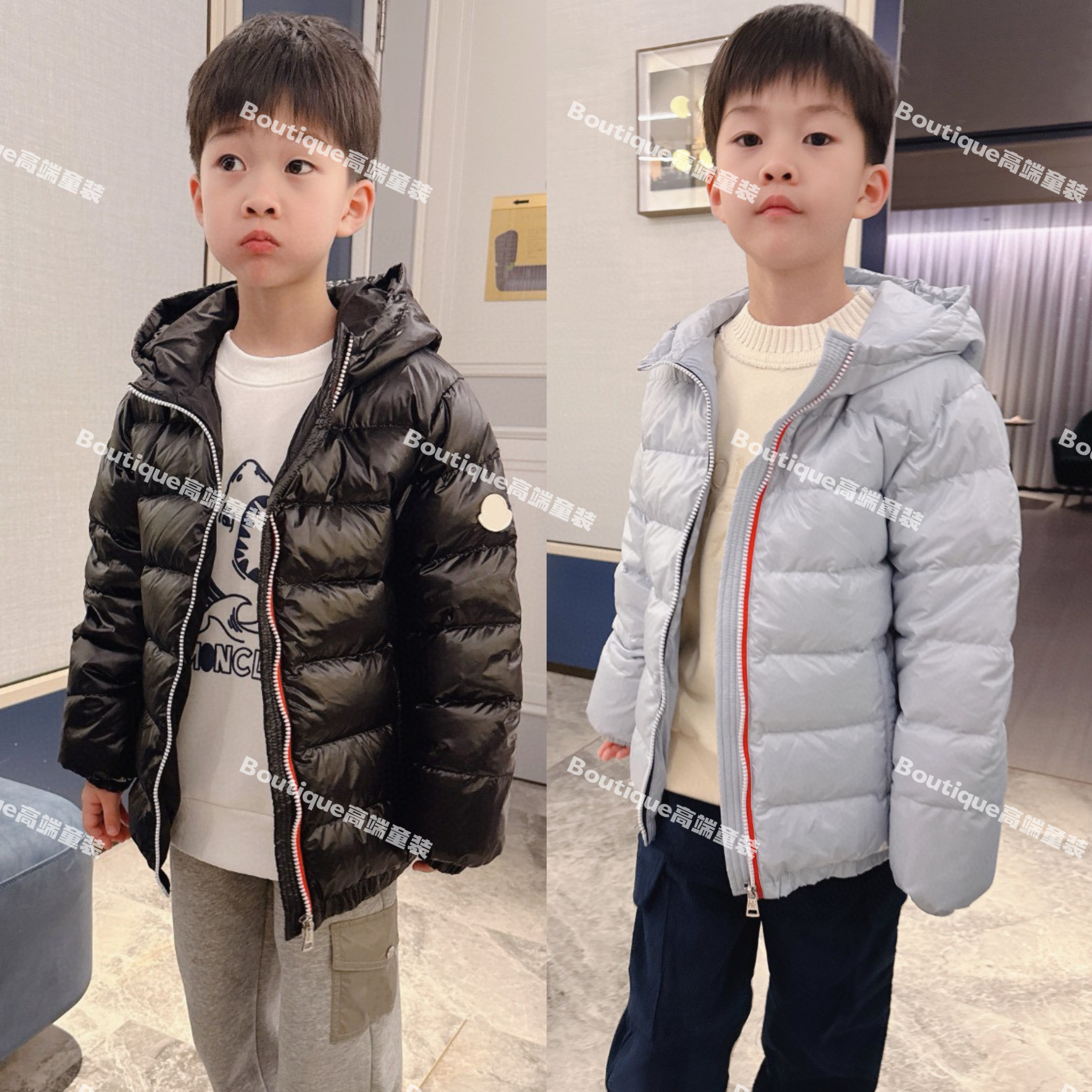 25冬季新款儿童羽绒服MC徽章红蓝拉链男童连帽排骨羽绒服鸭绒填充