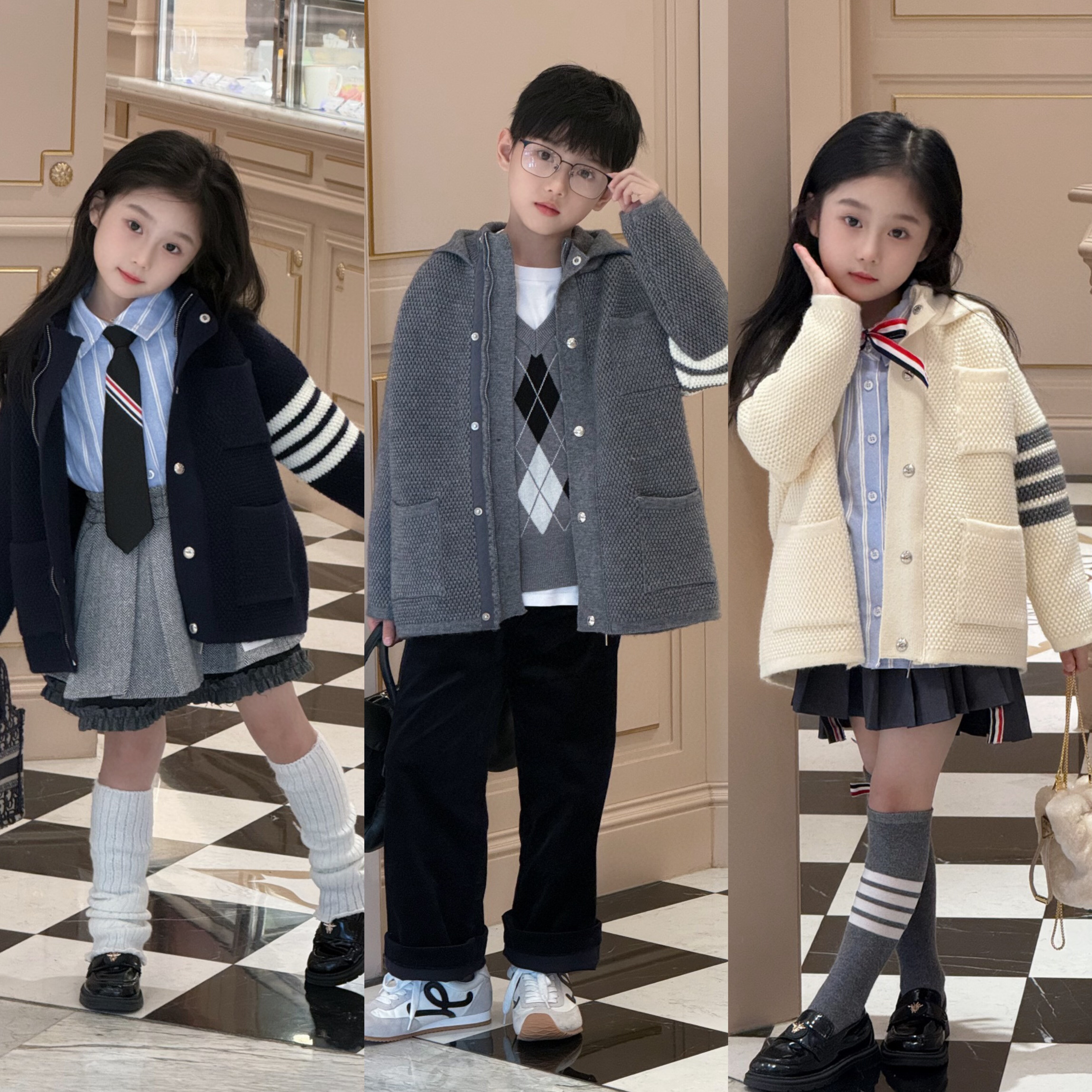 25春秋新款童装学院风TB拉链连帽衫加厚毛衣外套男女童百褶裙套装