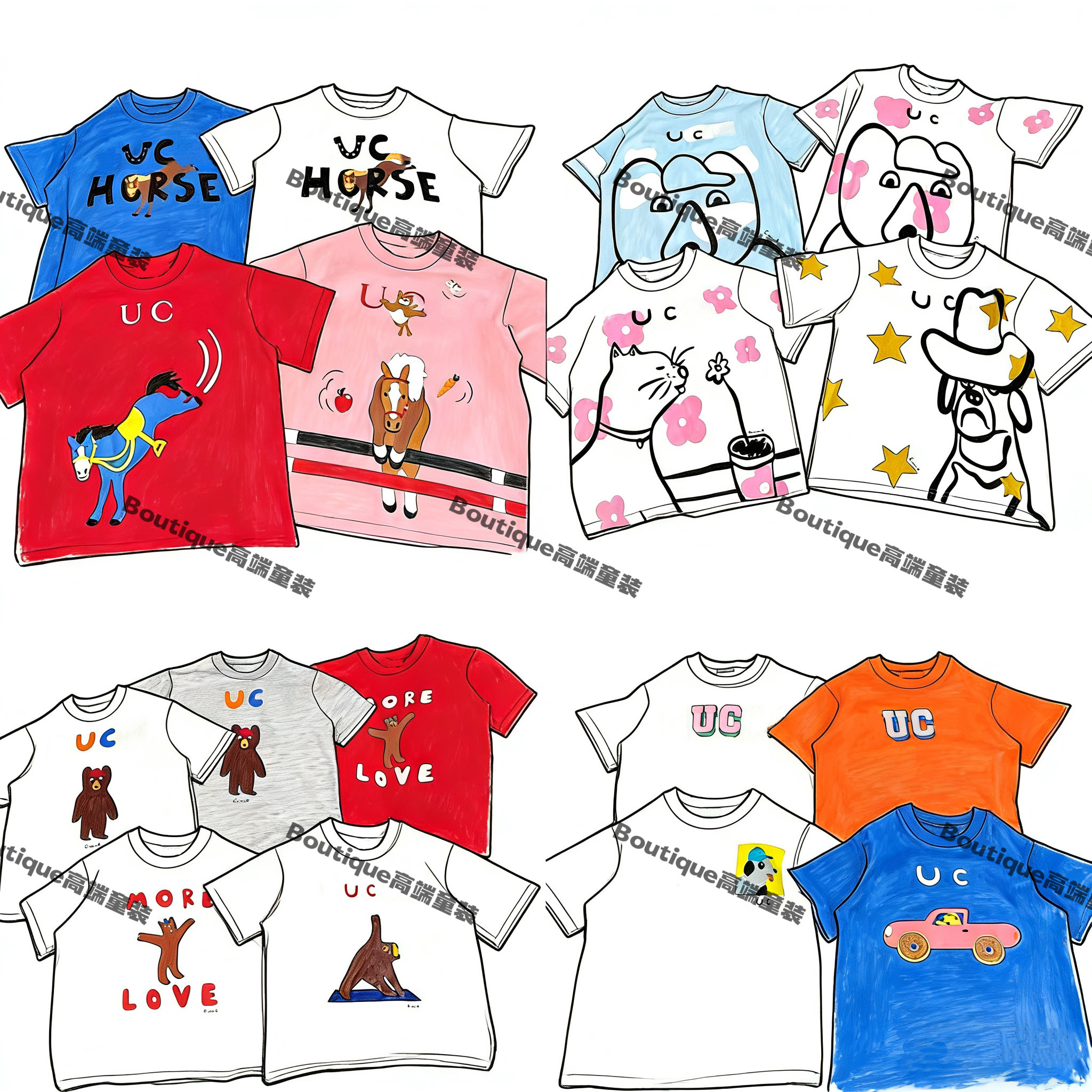 26夏季新款儿童短袖T恤字母小马小猫棕熊图案男女童休闲T恤度假风