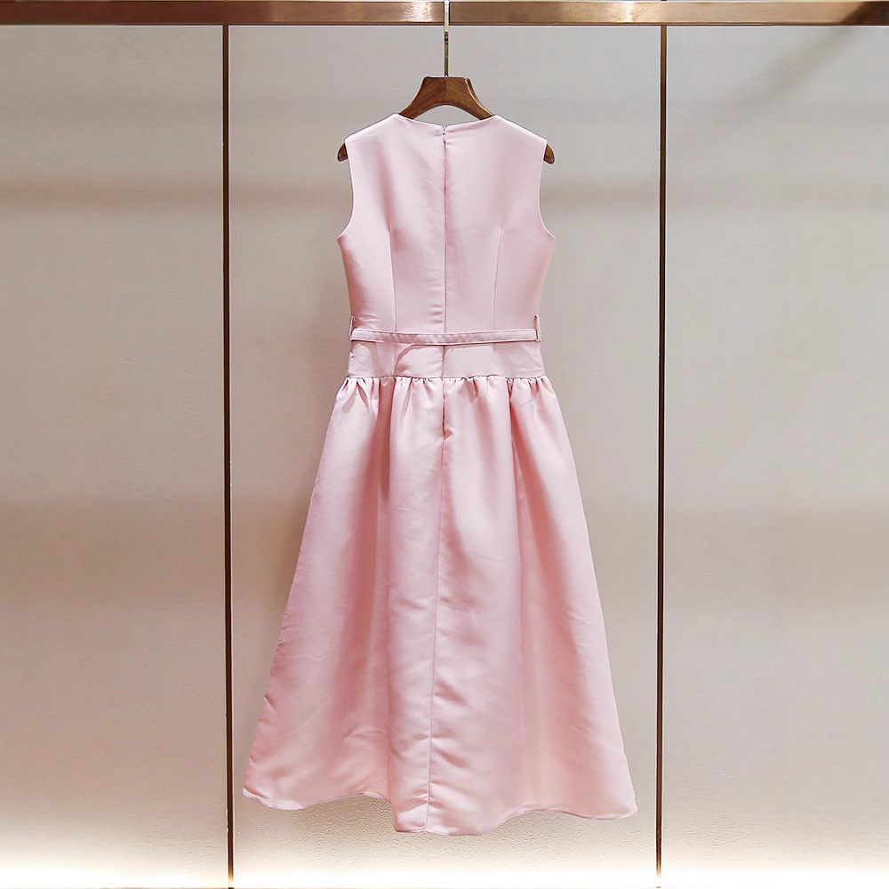 SP家夏季新款法式高级感粉色贵气圆领A字无袖长款背心礼服连衣裙