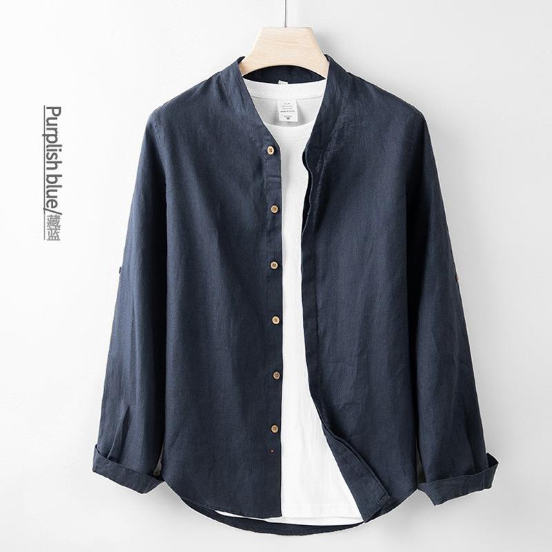春秋小立领纯亚麻衬衫男长袖高级感覆古休闲无领宽松男士V领衬衣