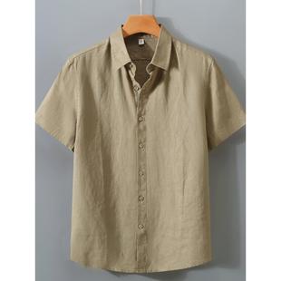 纯亚麻衬衫男短袖夏季薄款透气麻布寸衫翻领宽松半袖男士棉麻衬衣