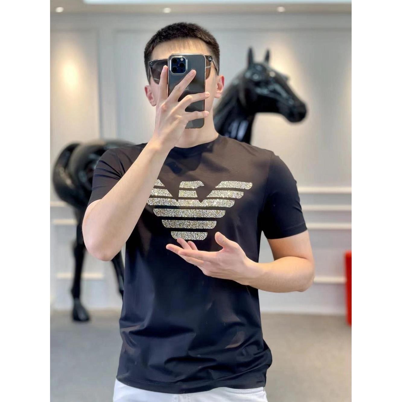 欧洲站高端潮牌夏季字母烫钻T恤男短袖修身圆领半袖大码潮流时尚