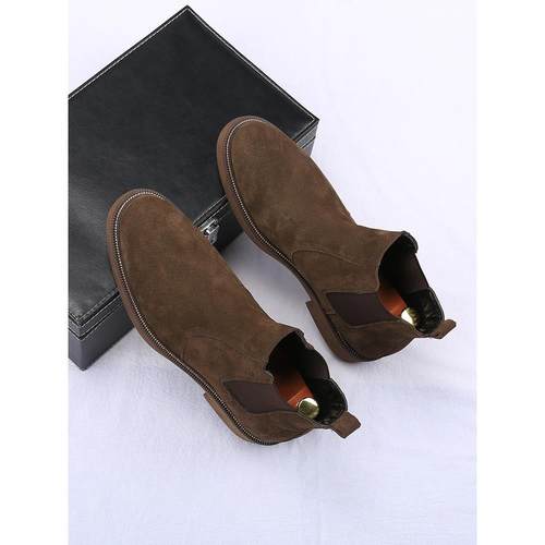 英国覆古真皮靴子男士的高帮棕色短靴温暖羊毛衬里韩国风格尖头麂